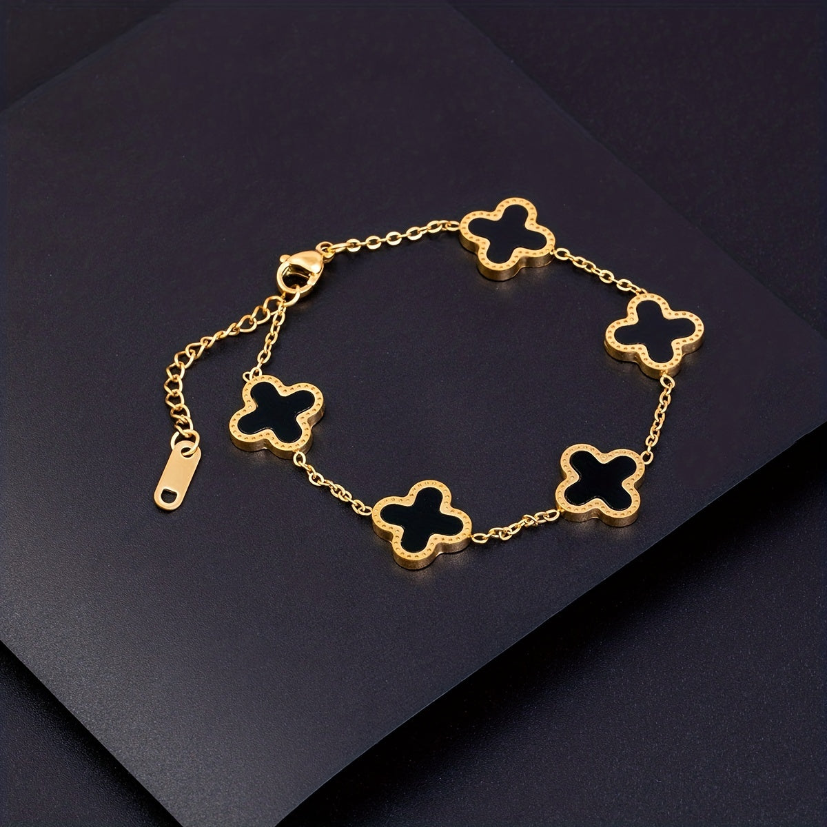 Elegant Classic Versatile Black Four-Leaf Clover Bracelet, 18k Golden Plated, Ideal Choice For Gift