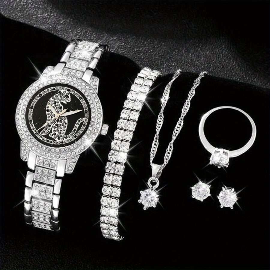 Luxury Rhinestone Quartz Watch Hiphop Fashion Analog Wrist Watch & 6pcs Jewelry Set, Gift For Women Her