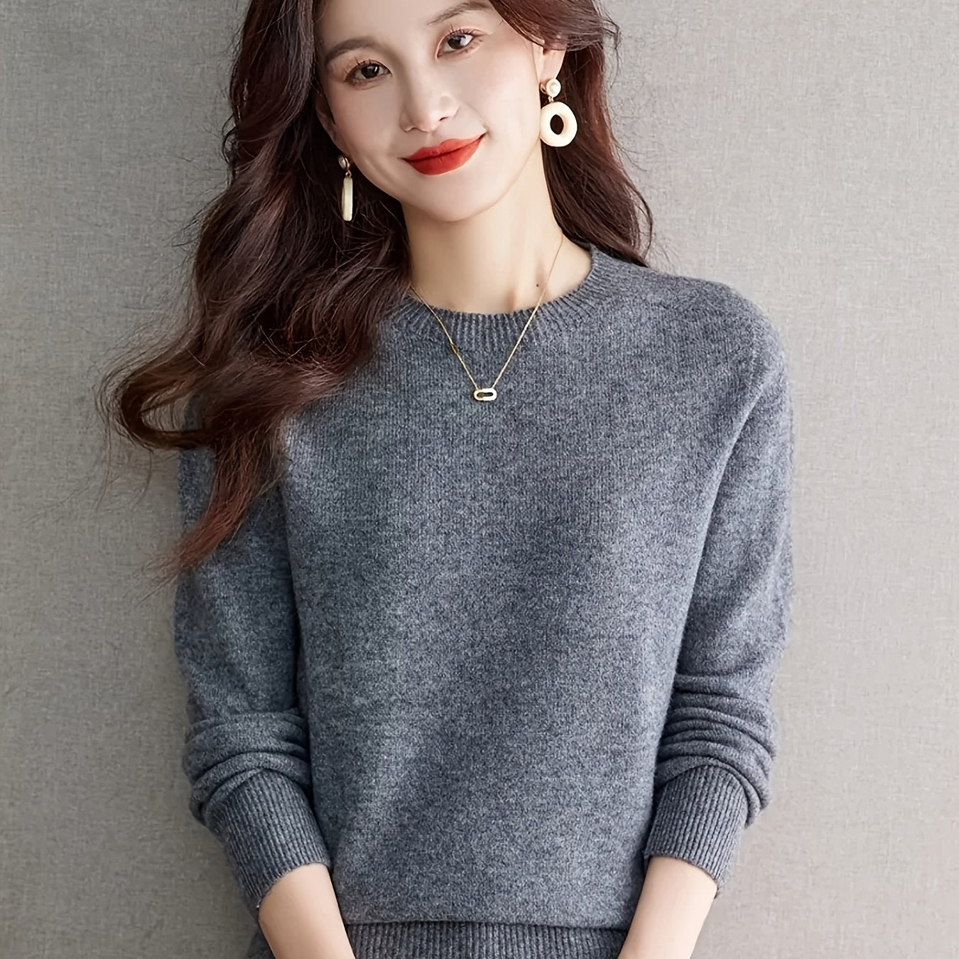1pc Women'S 100% Wool Crew Neck Long Sleeve Knit Sweater,