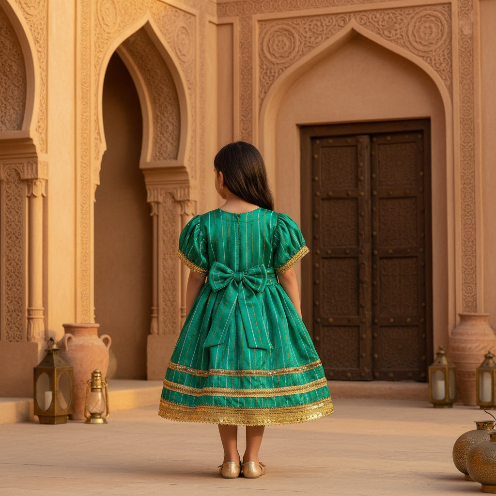 Omani Heritage Girls' Emerald Green Silk Dress - Golden Zari Work (Ages 4)