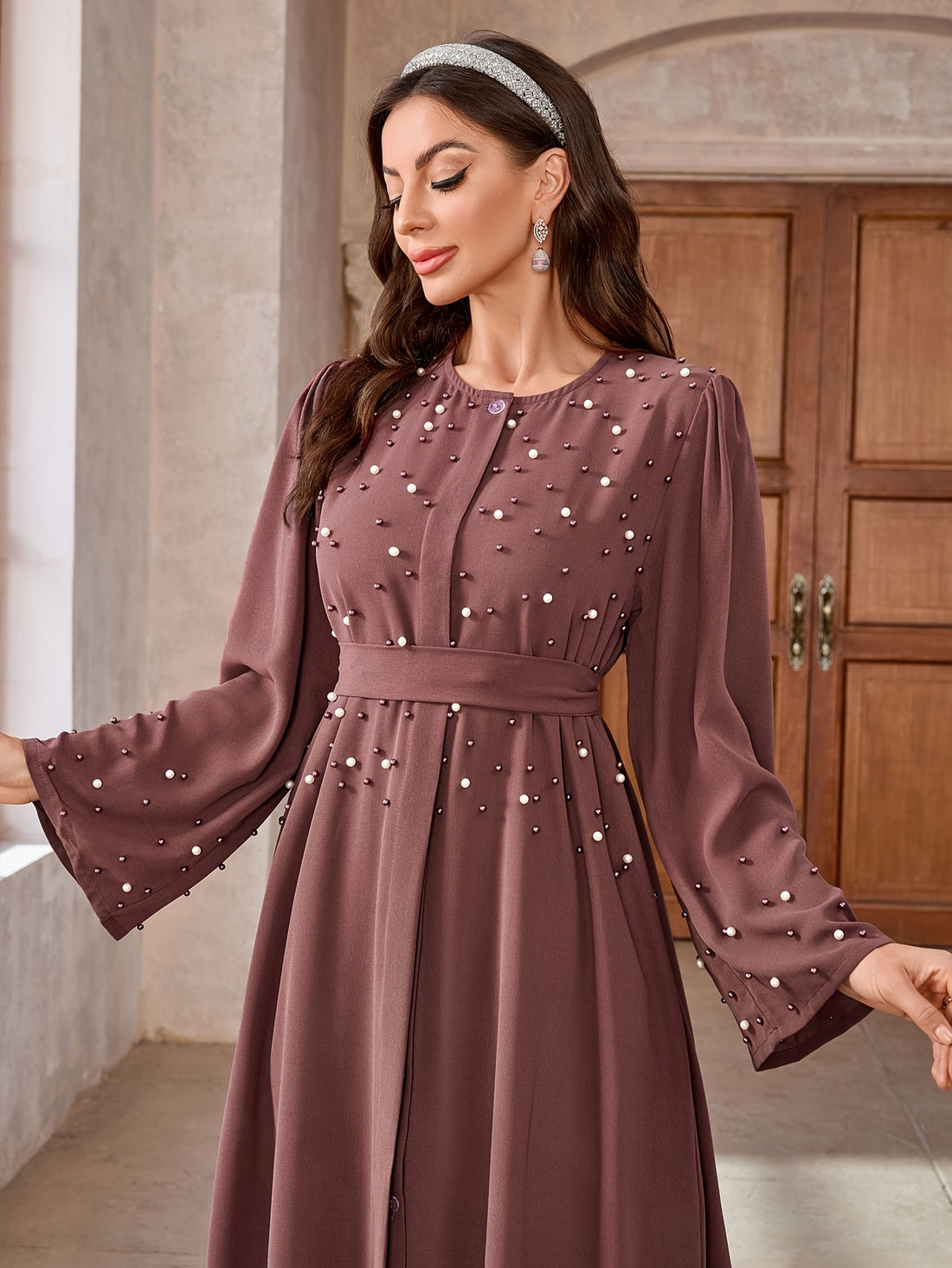 Elegant Navy Blue Abaya with Pearl Embellishments and Belt -/MH