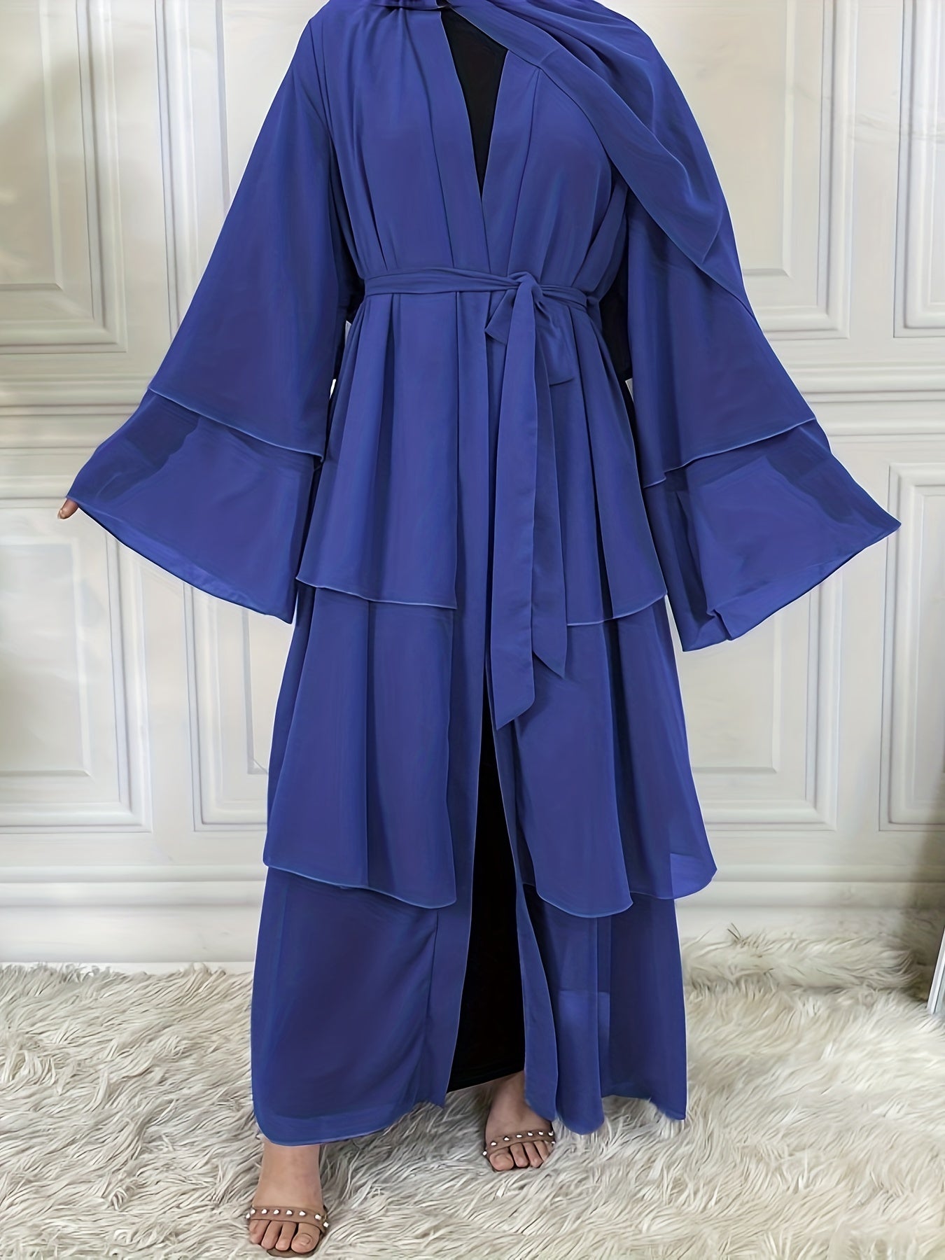 Layered Open Front Modest Dress, Long Sleeve Muslim Dress'/MH
