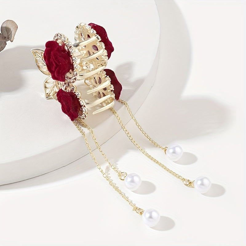 Elegant Red Rose Tassel Rhinestone Small Claw Clip,