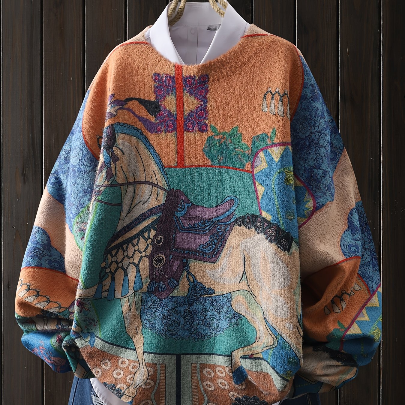 A Cartoon Vintage Animal-Themed Sweater Featuring a Saddle Pattern,