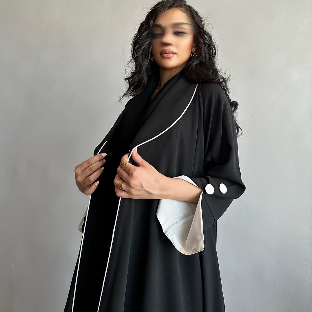 Contrast Trim Lapel Neck Abaya Dress, Elegant Open Front Long Sleeve ./ MH