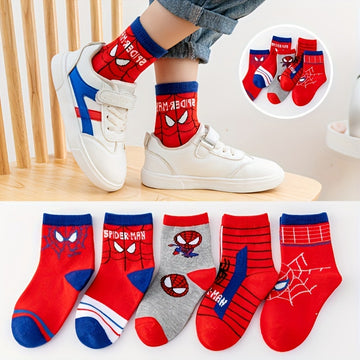 5 Pairs Of Boy's Cotton Spiderman Cartoon Design Crew Socks, /MH