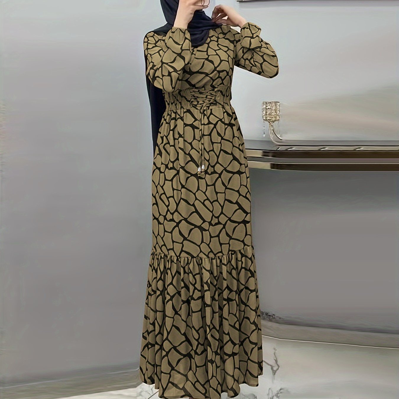 Allover Print Maxi Kaftan Dress, Casual Long Sleeve '/MH