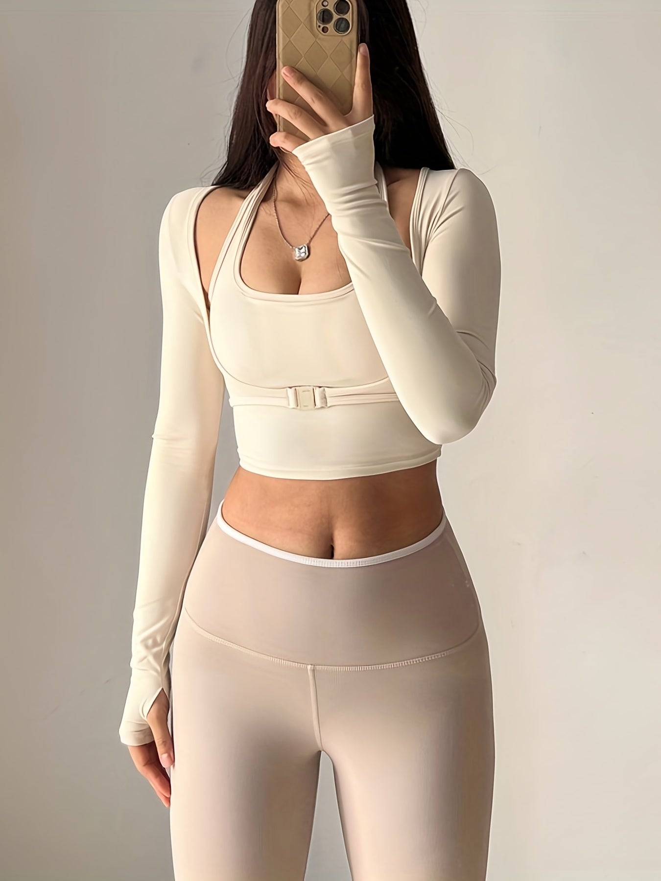 Seamless Apricot Yoga Top with Double Layer Halter and Thumb Holes for Women