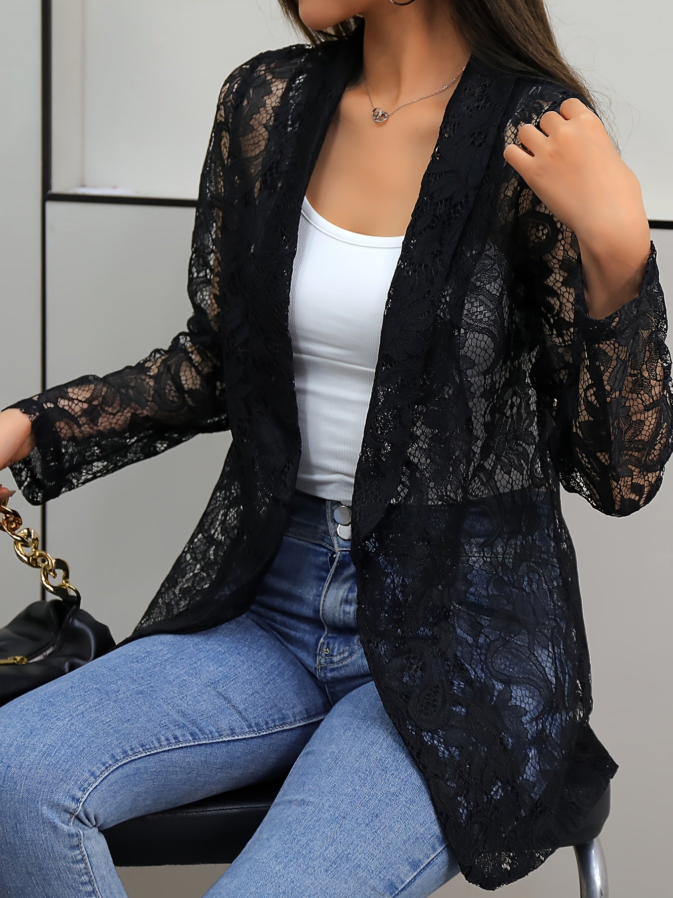 Floral Lace Lapel Blazer, Elegant Long Sleeve Open Front Outwear.