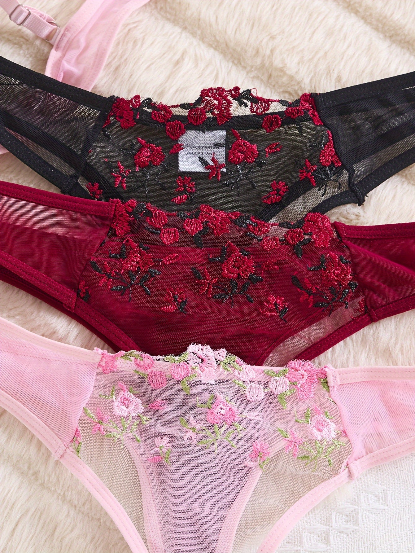 3 Sets Sexy Lingerie Set, Floral Embroidery Mesh Semi Sheer ./MH