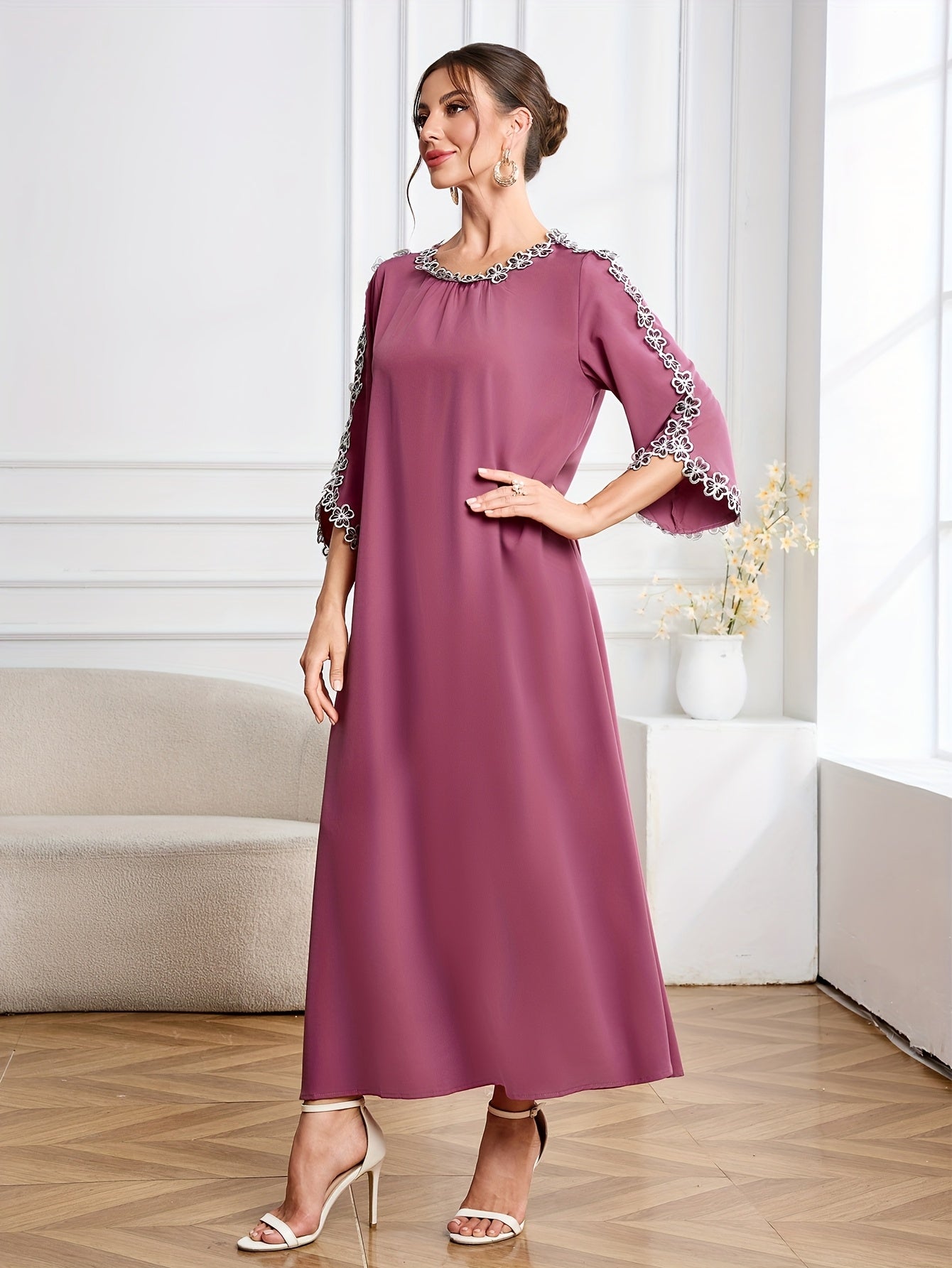 Elegant Long Sleeve Embroidered Kaftan Dress - Round Neck, women fashion'/MH