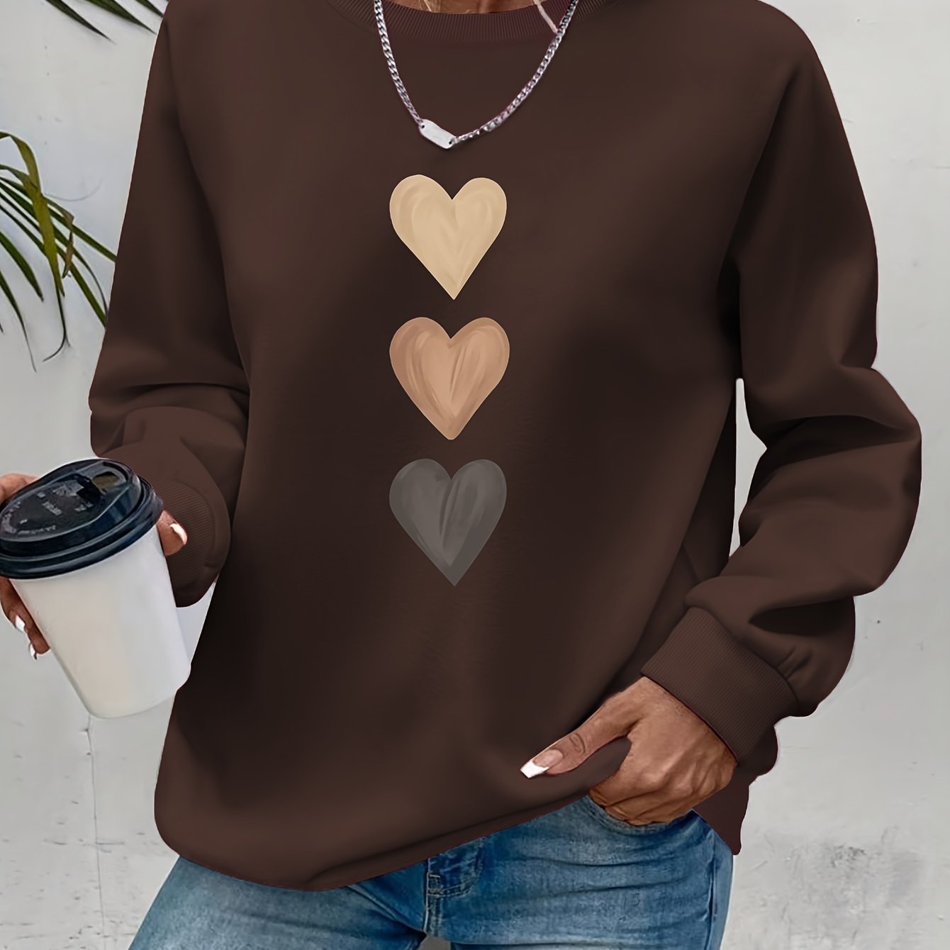 Women'S Long Sleeve Sweatshirt - Soft Pullover Sweater with Brown Heart Pattern,