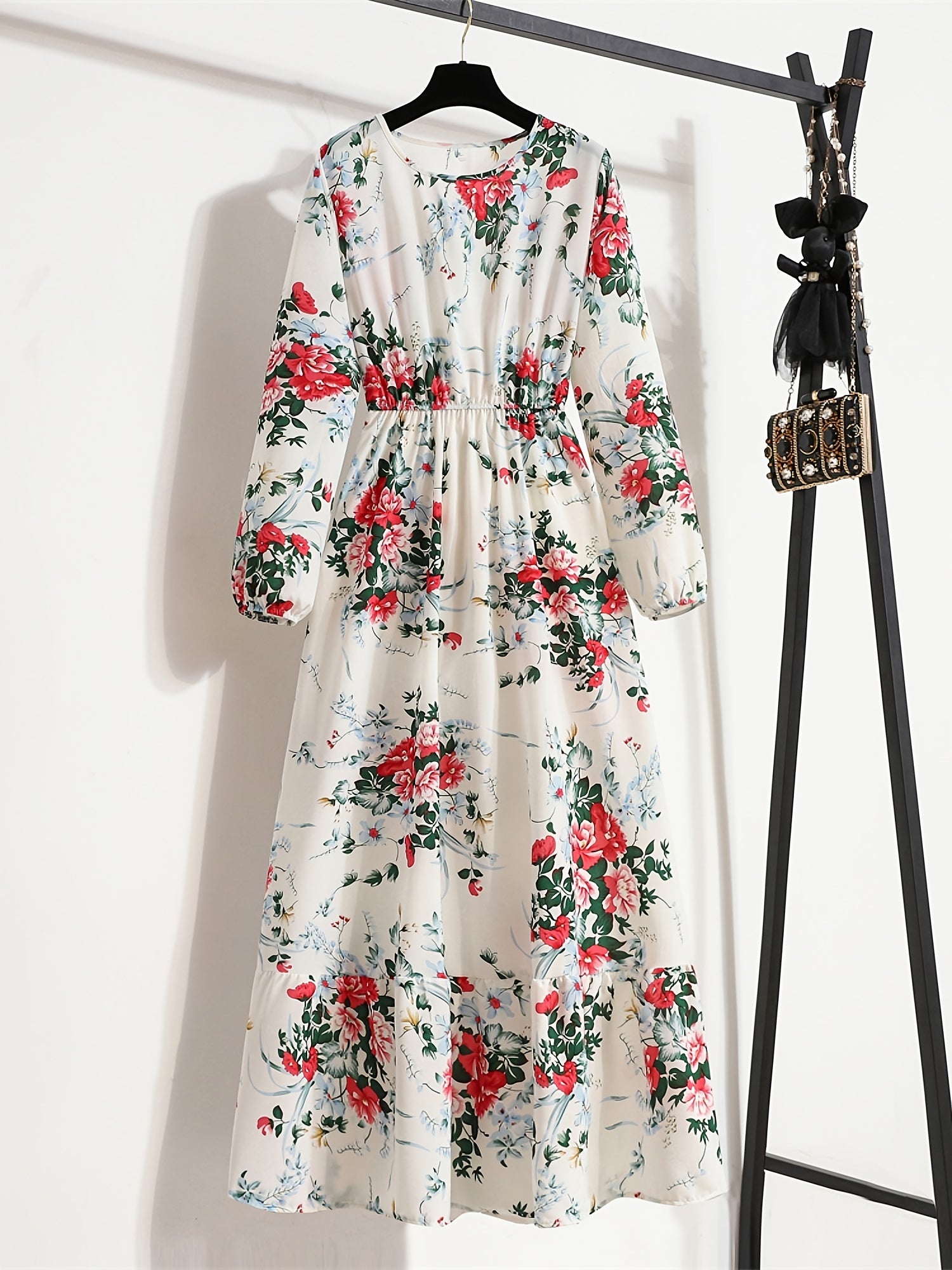 Bohemian Polka Dot Print Long Dress, Ruffle Hem Round Neck Long Sleeve.