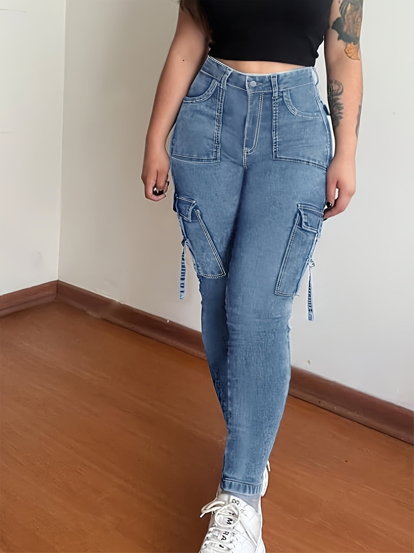 Women's High-Waist Stretchy Black Cargo Pants with Multiple Pockets -/MH