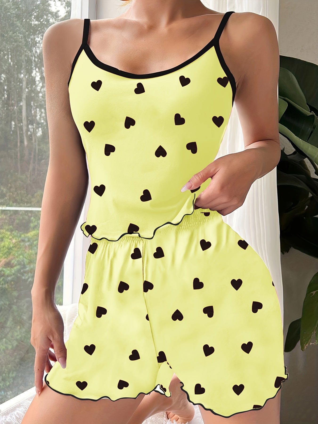 Heart Print Pajama Set, Scoop Neck Cami Top,