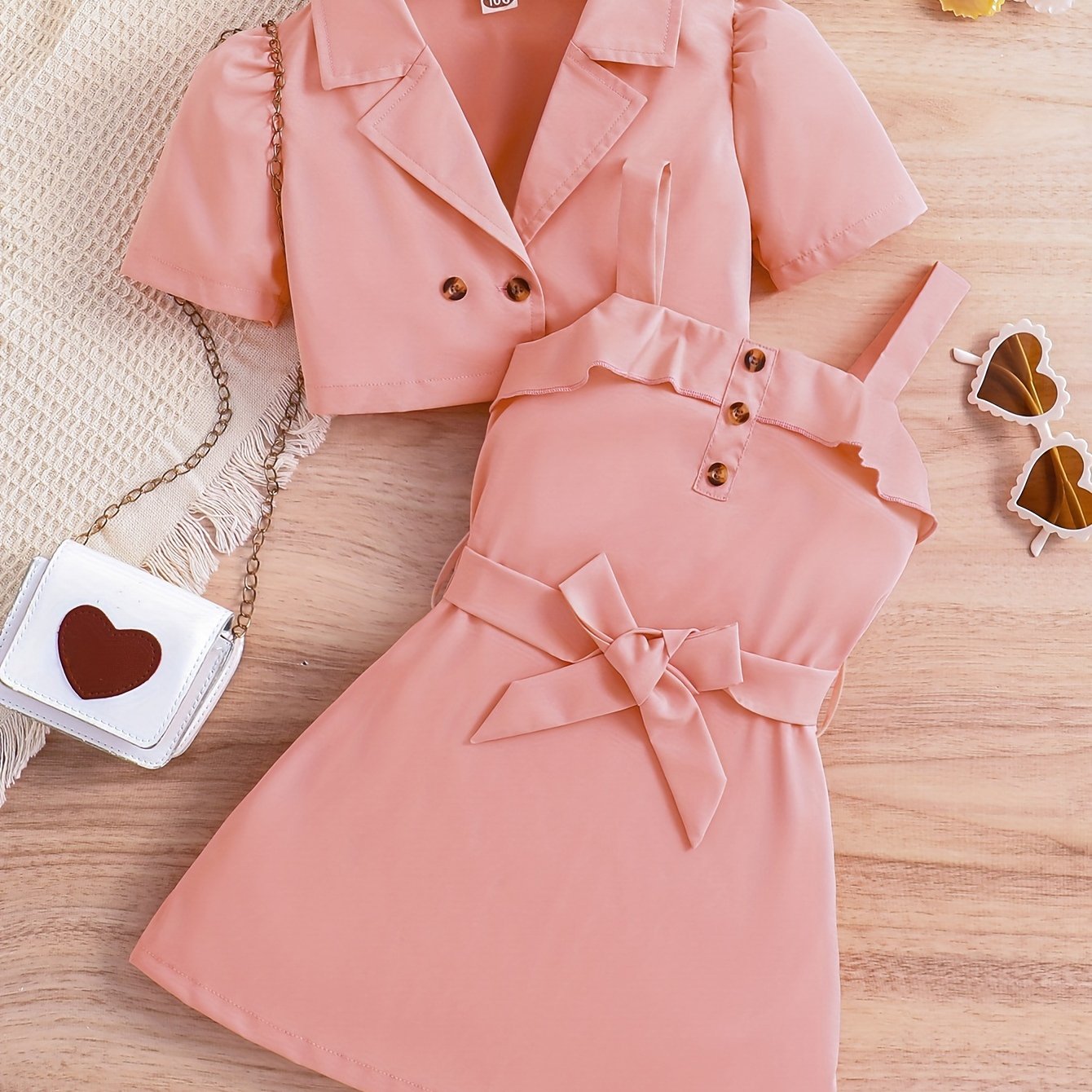 2pcs Girls Fashion Solid Non Stretch Puff Sleeve Double Button Blazer.