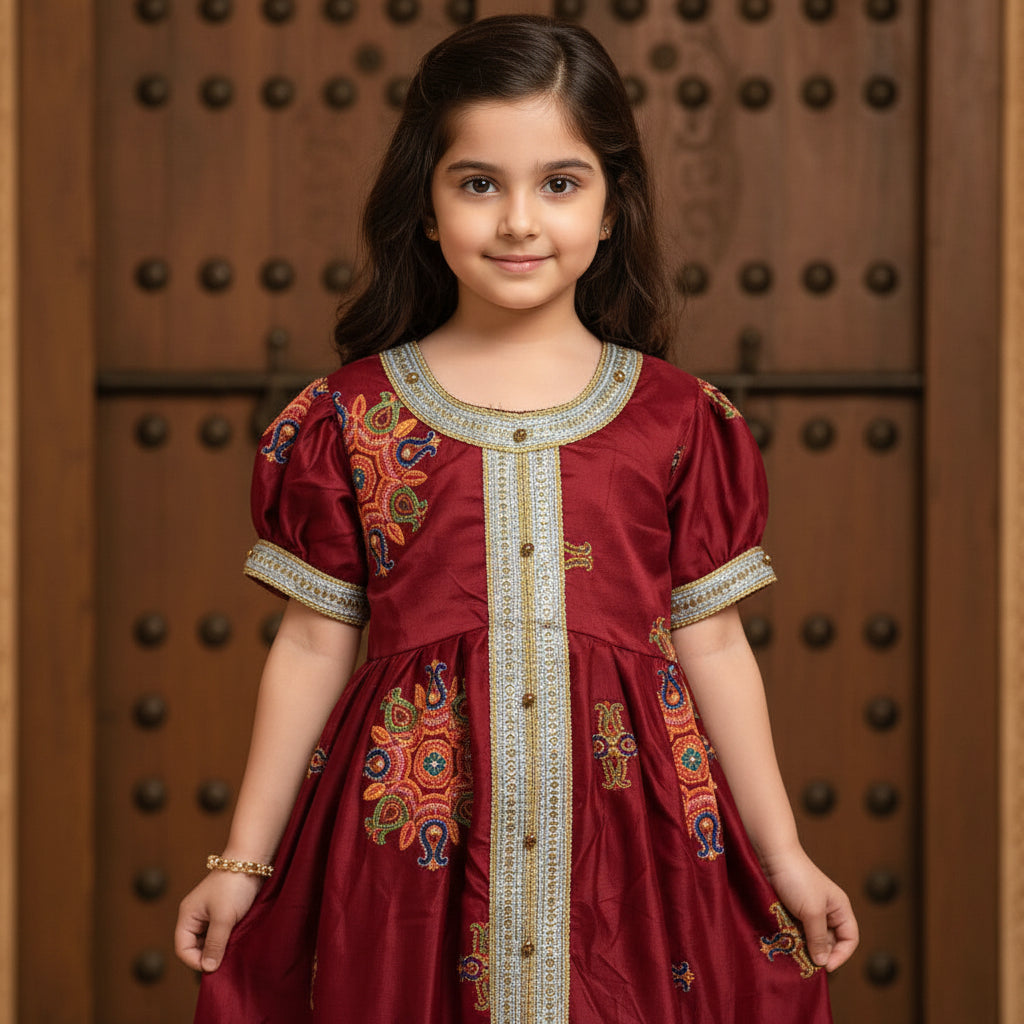 Girls Red Arabic Kaftan Dress with Floral Embroidery – Modest Fashion | Ages 2 & 4 Years | MH