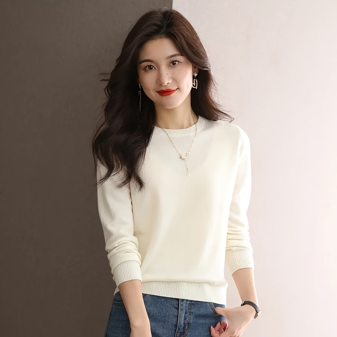 1pc Women'S 100% Wool Crew Neck Long Sleeve Knit Sweater,