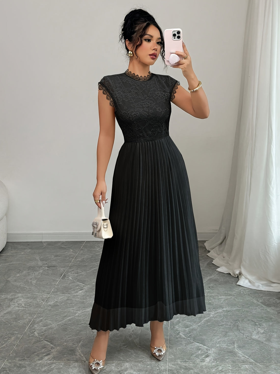 Women'S Elegant Black Floral Lace-Trimmed Pleated Maxi Dress -/MH