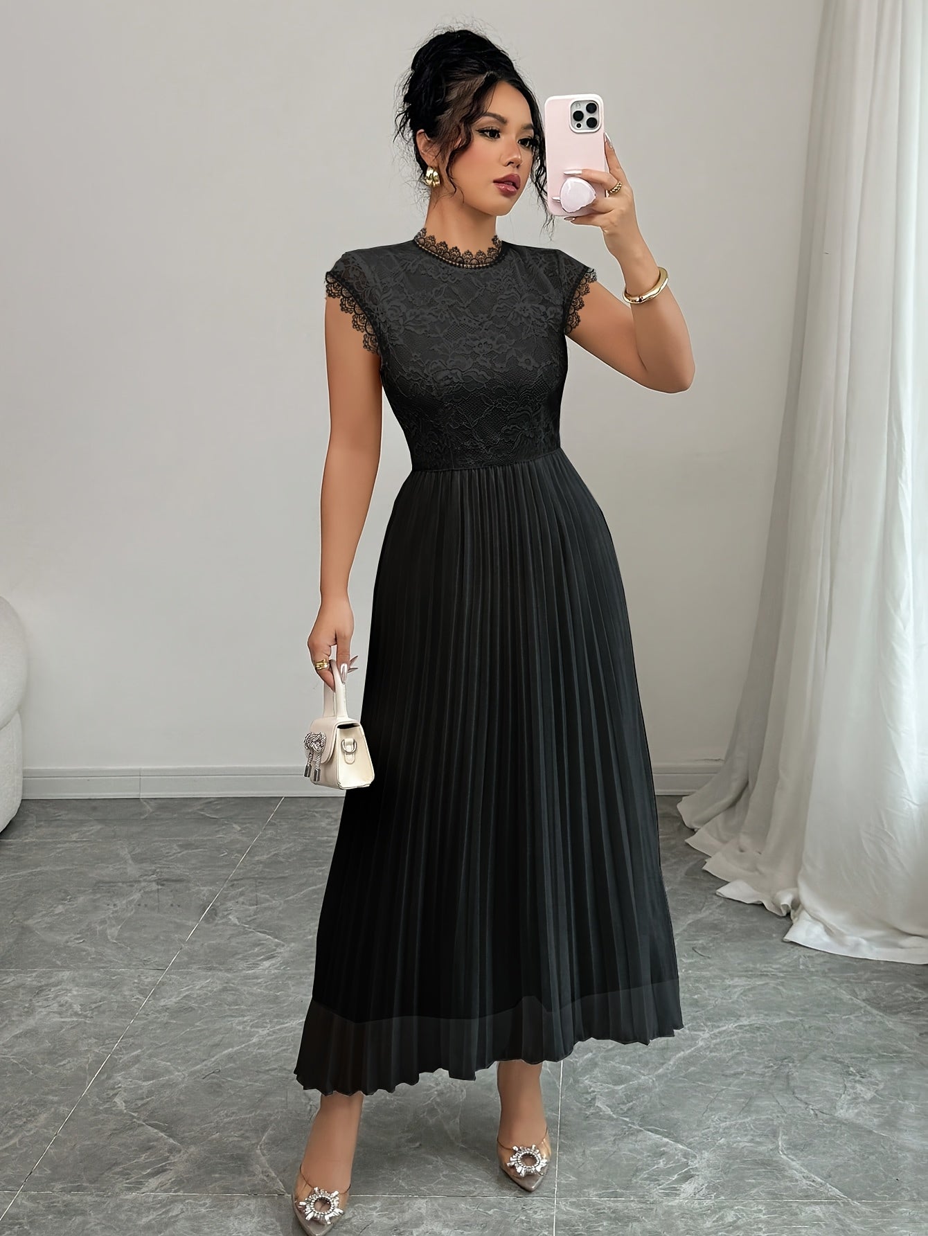 Women'S Elegant Black Floral Lace-Trimmed Pleated Maxi Dress -/MH