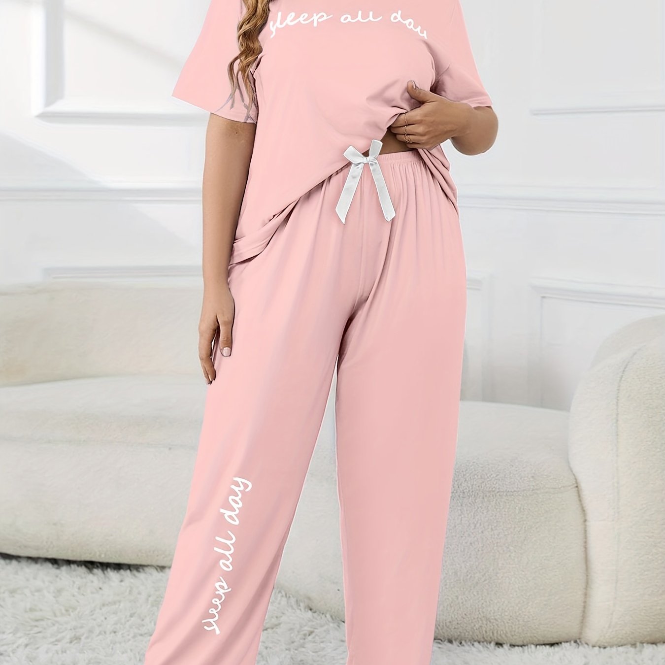 Plus Size Women's Cute Pajama Set, Plus Size Letter Print Short Sleeve Top and Pants Casual 2pcs, Plus Size Pajama Sets