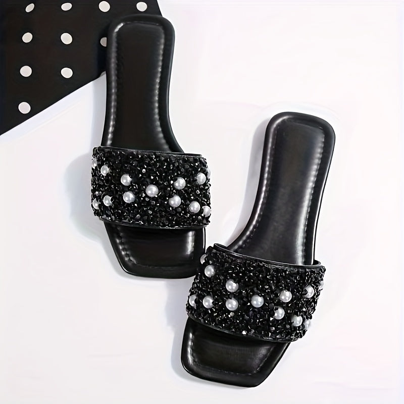 Women'S Elegant Black Pearl-Embellished Flat Sandals ./MH
