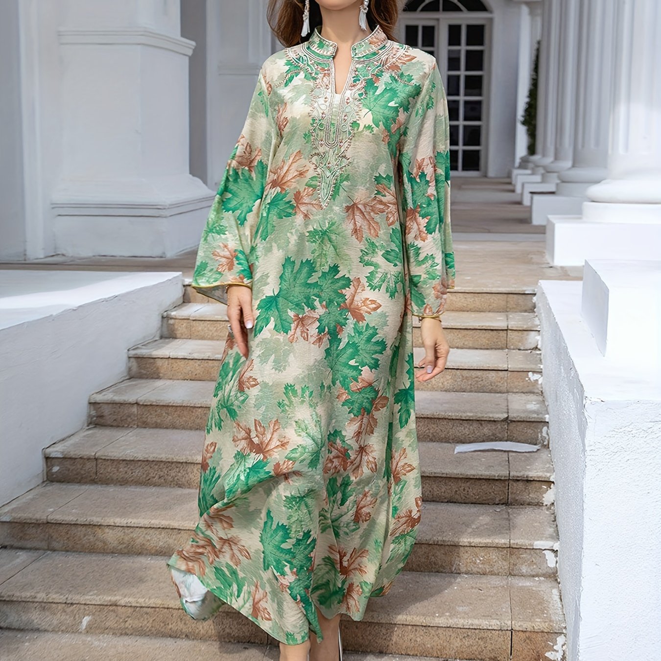 Maple Print Tie Neck Kaftan Dress, Elegant Long Sleeve 'MH