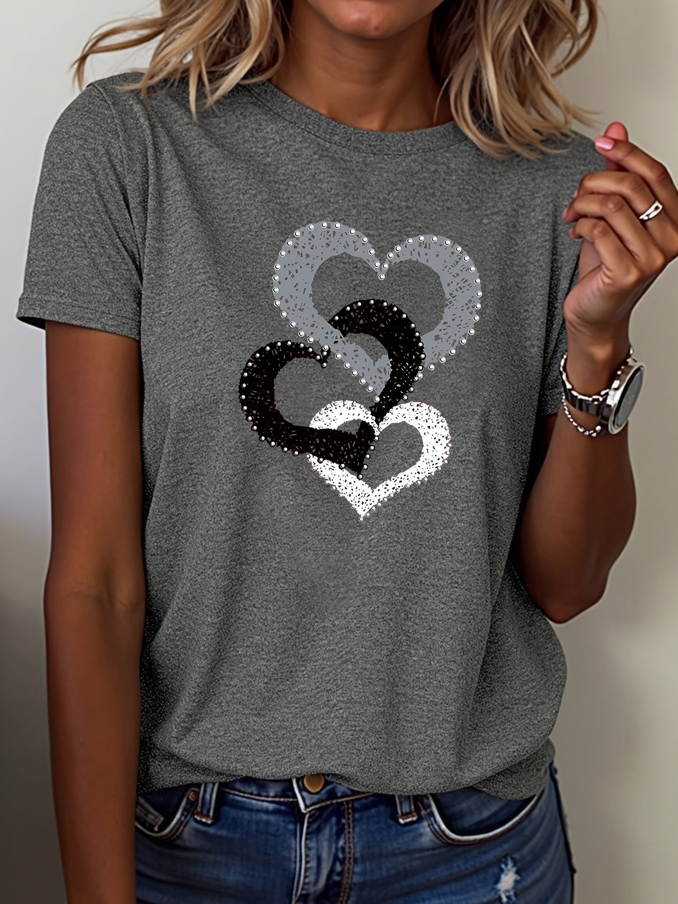 Women's Casual Short Sleeve T-Shirt with Overlapping Heart Print.