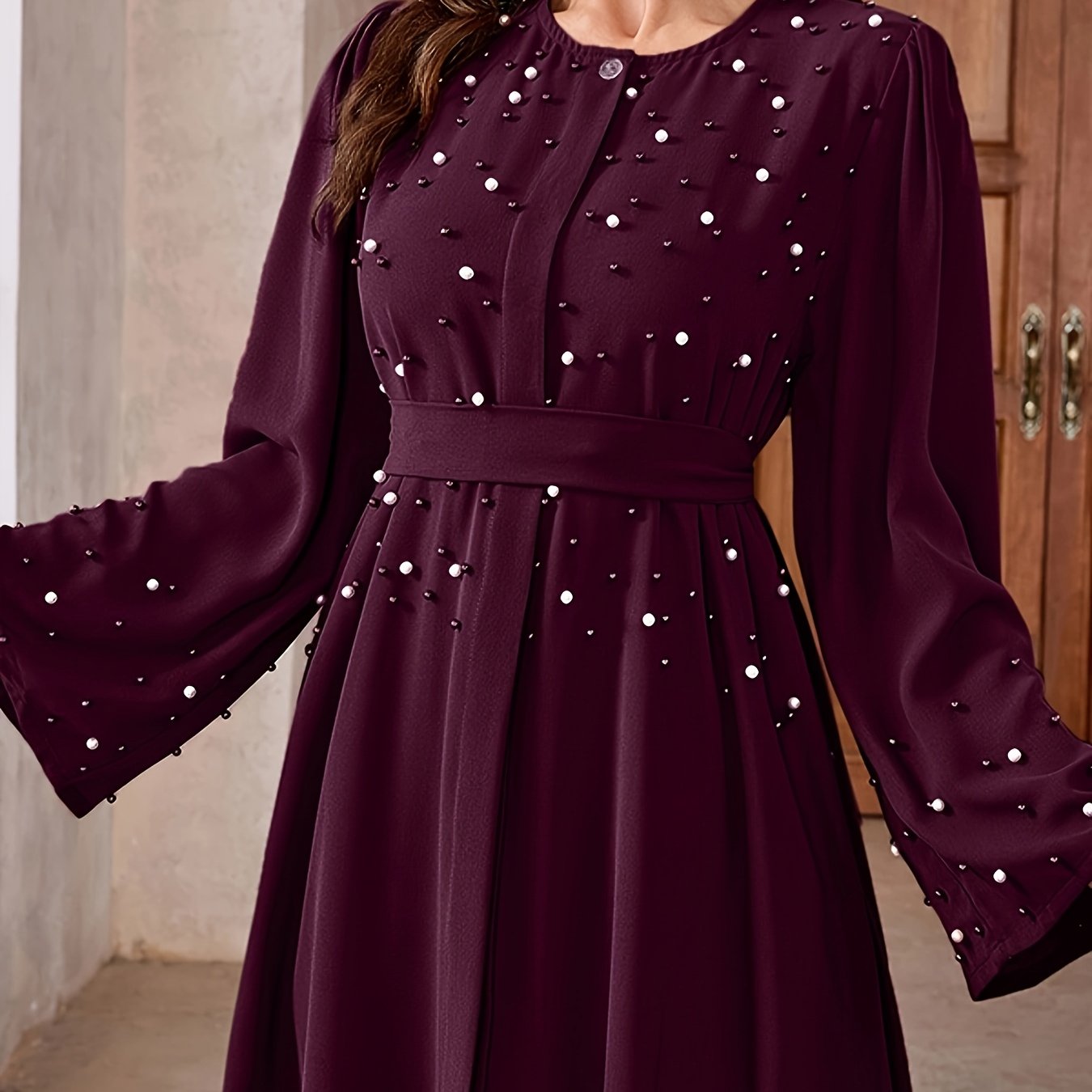 Elegant Pearl Embellished Burgundy Abaya./MH