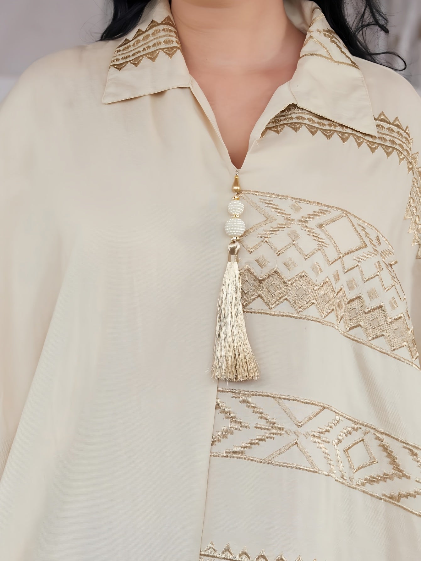 Elegant Ramadan Jalabia Dress - Golden & Black Geometric Embroidery,/MH