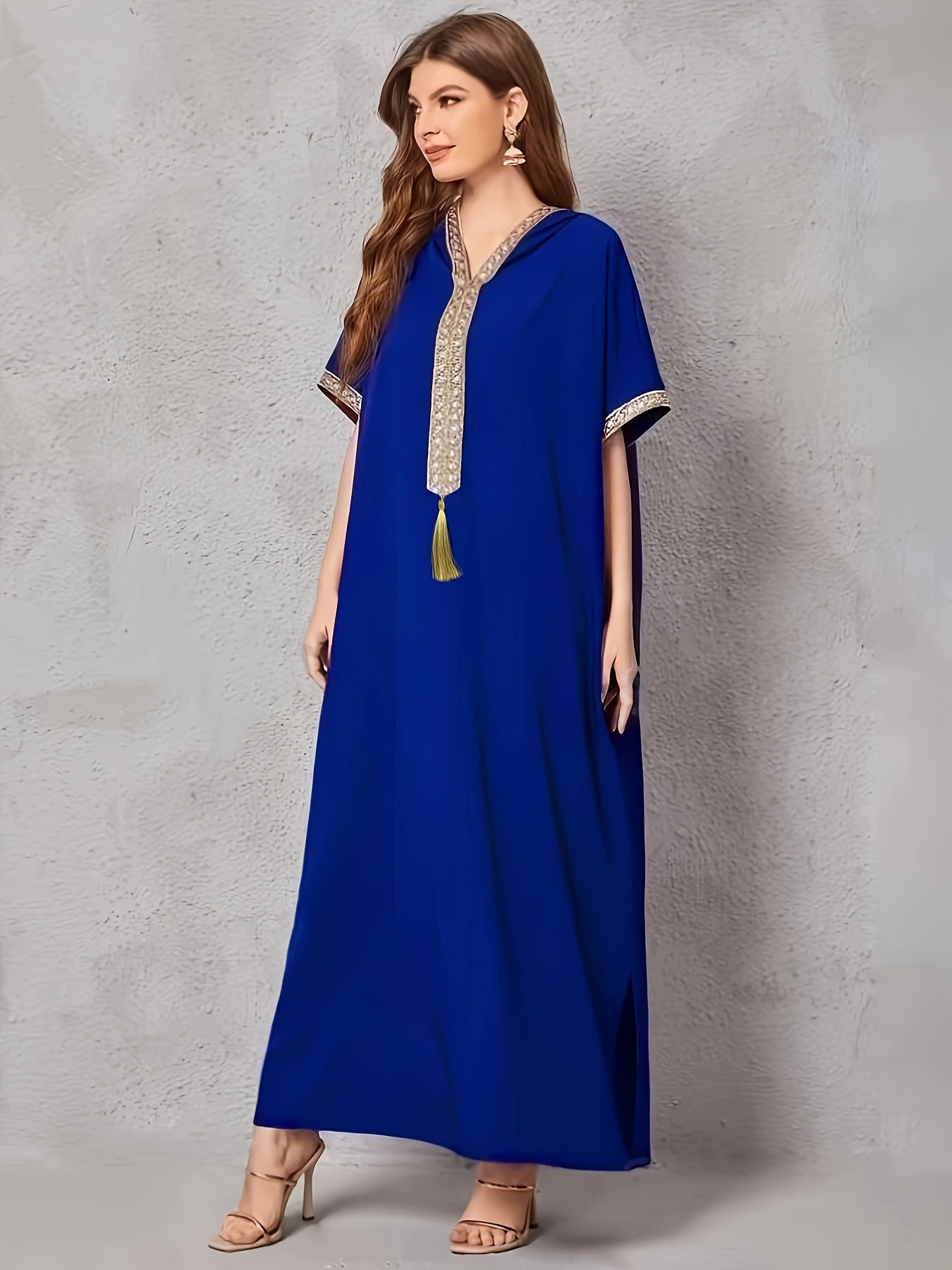 Contrast Trim V-neck Kaftan Dress, Elegant Batwing Sleeve ./MH