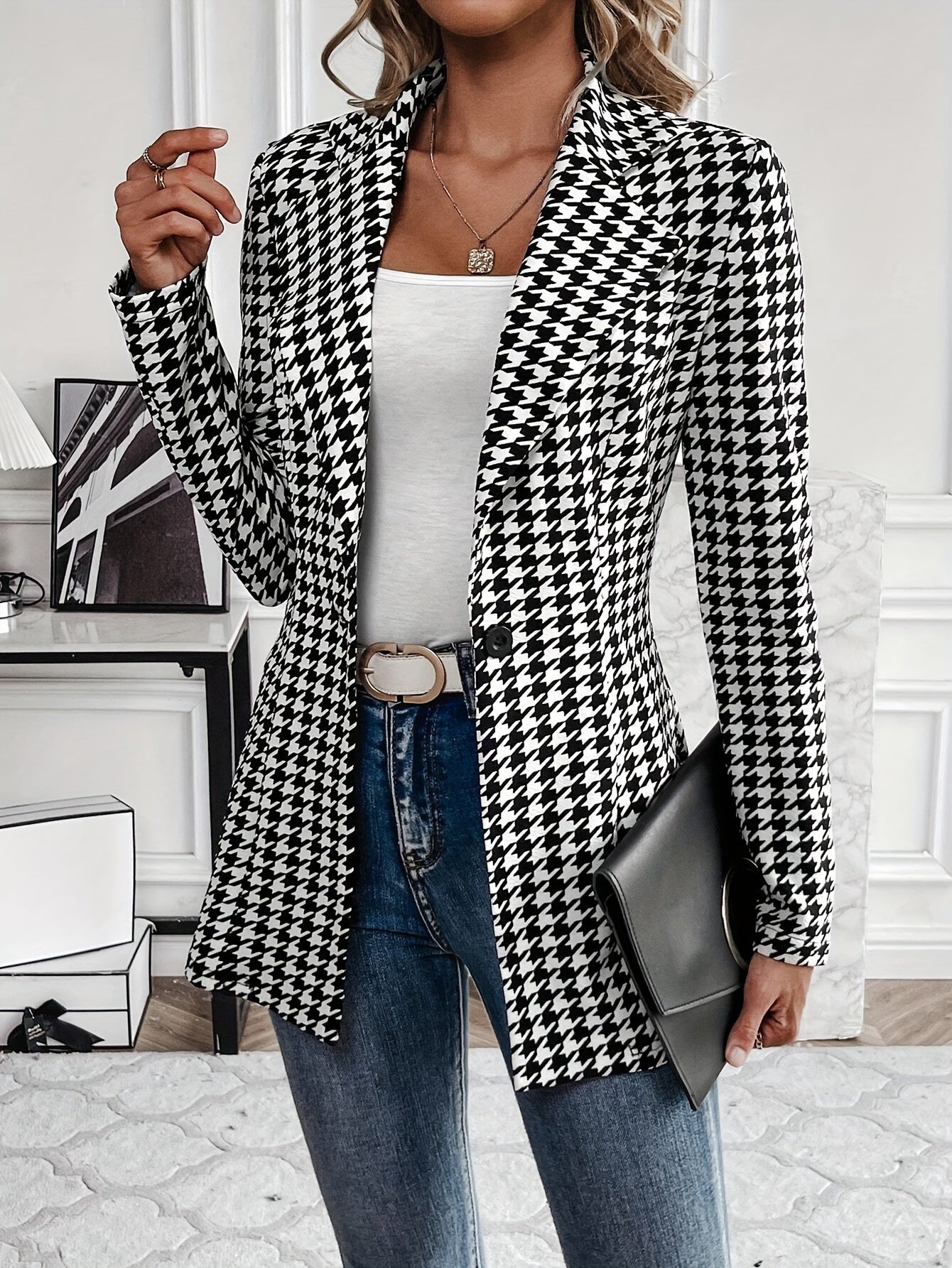 Houndstooth Print Button Front Blazer, Casual Lapel Long .