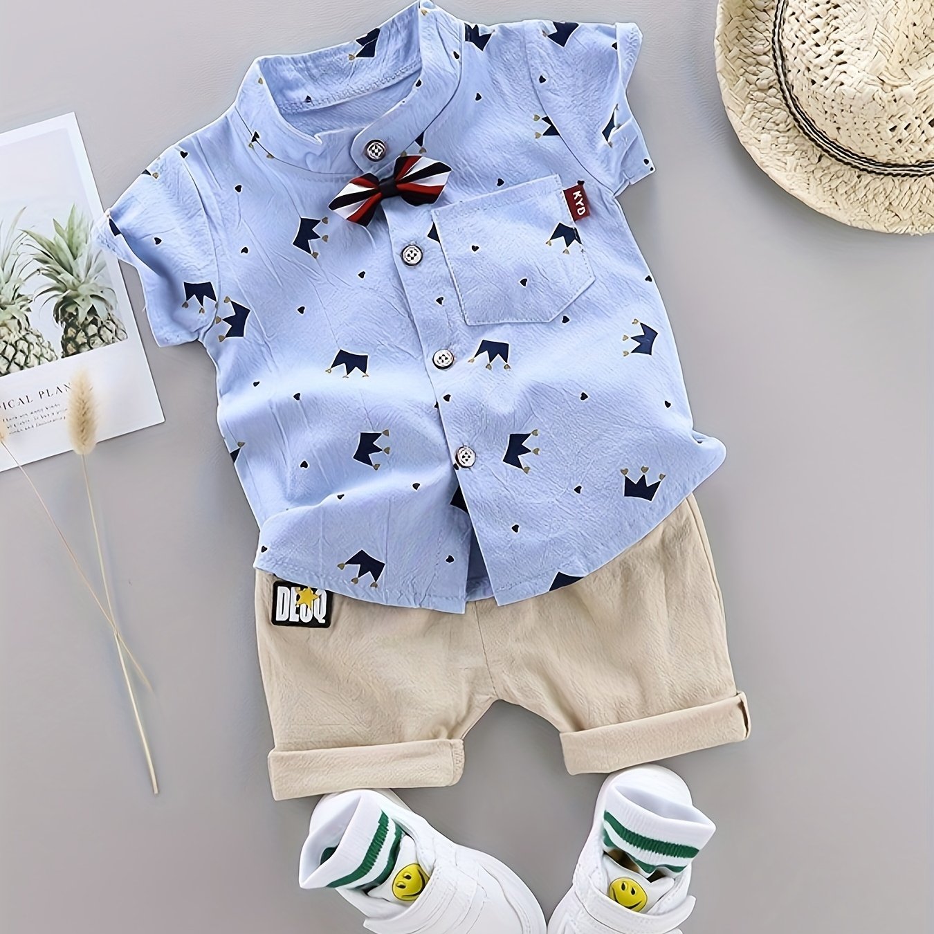 2pcs Boys Casual Gentleman Crown Graphic Print Short Sleeve.