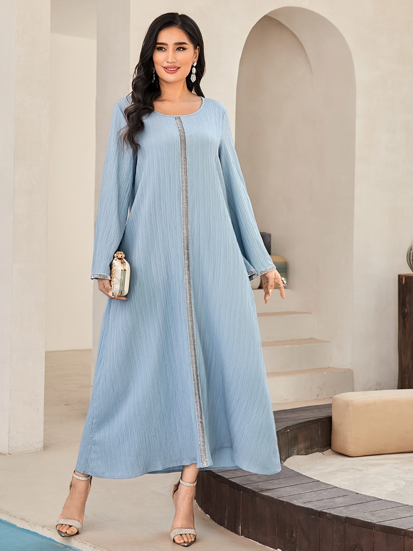 Contrast Trim Crew Neck Kaftan Dress, /MH