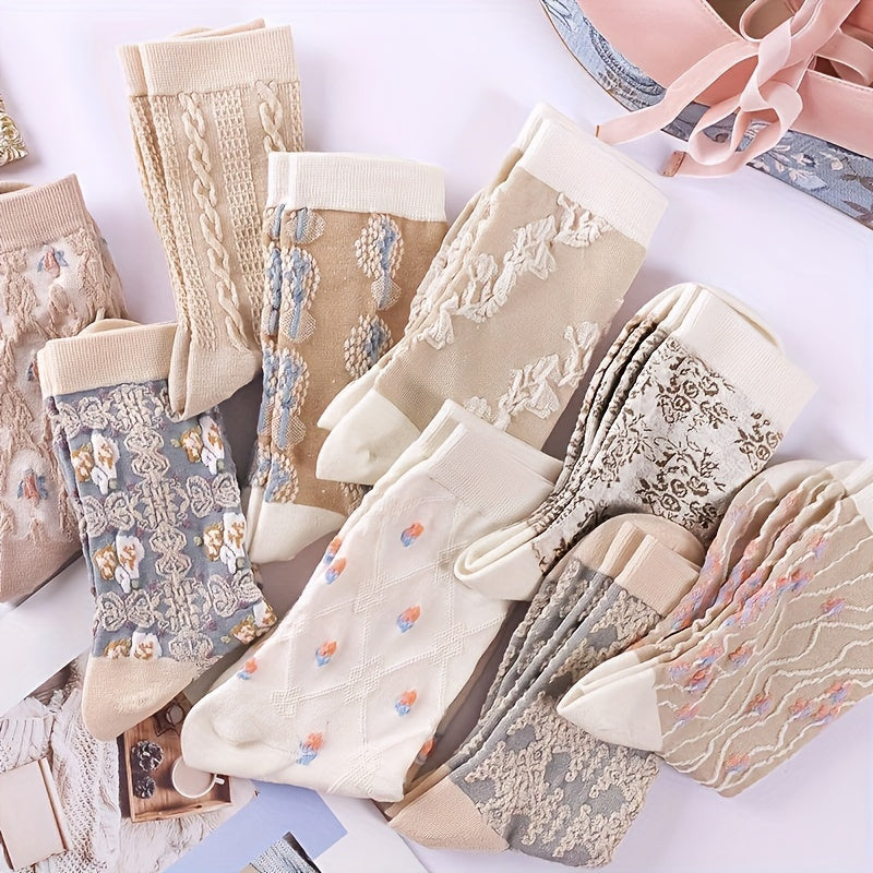 9 Pairs Floral Pattern Socks, Comfy & Breathable Mid Tube Socks, Women's./MH