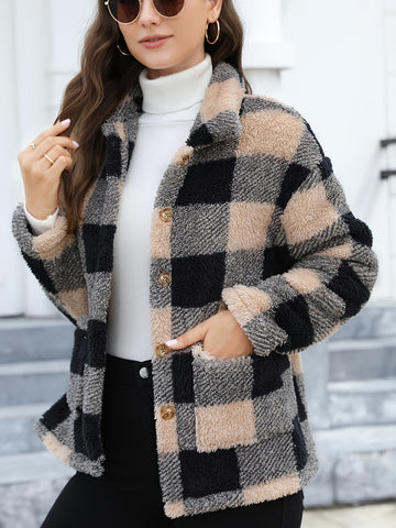 Long Sleeve Plaid Print Teddy Coat with Patched Pockets - Soft, Warm,