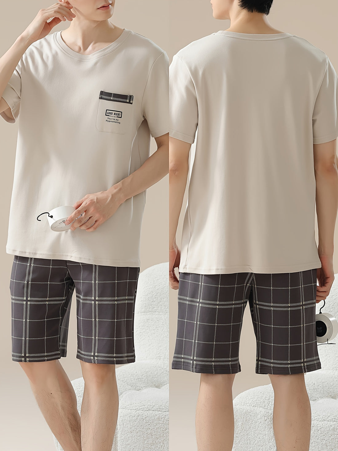 Large Size 2 Pcs Men's Cool Letter Print Plaid Short Sleeve.