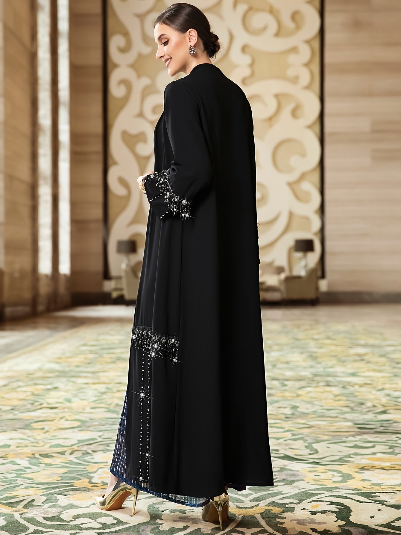 Open Front Rhinestone Decor Kaftan Dress, Elegant Long Sleeve '/MH