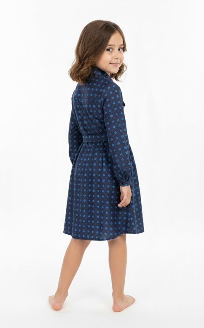 Girls' Blue Denim Cyan Prints Ruffle Sleeve Floral Belted Dress (2-12 Years) | MH