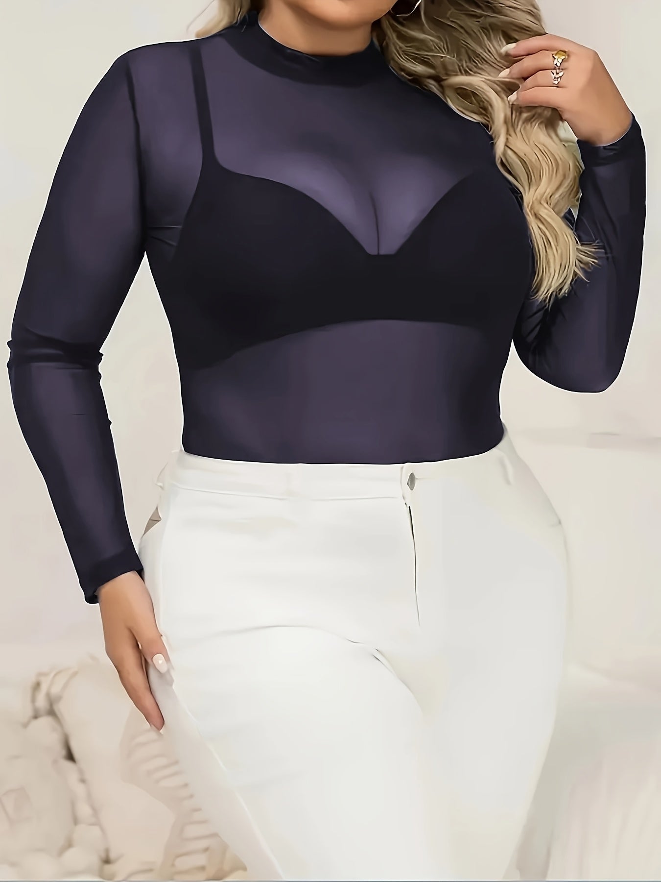 Elegant Plus Size Women's Sheer Mesh Long Sleeve ,/MH