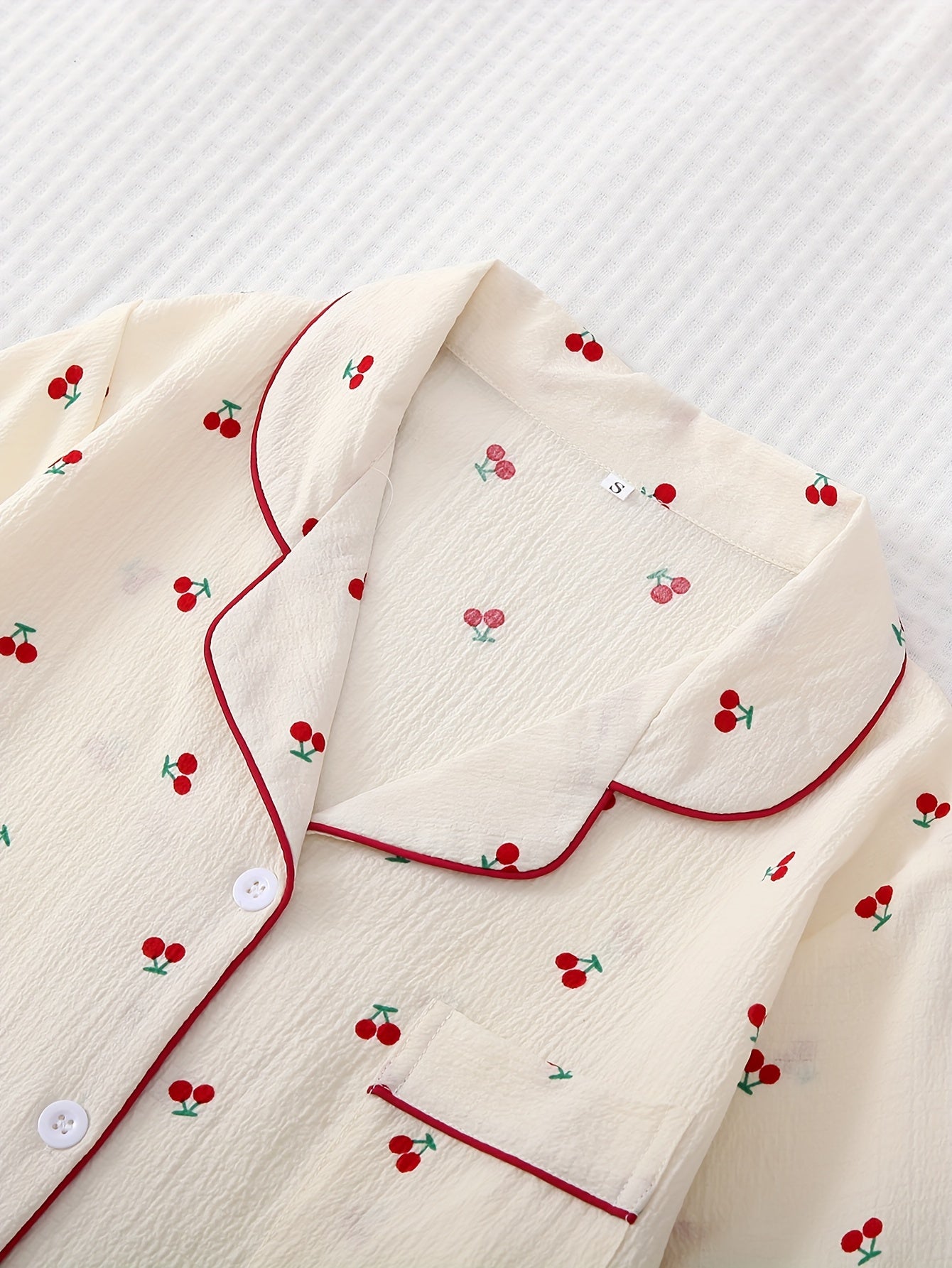 Cherry Print Pajama Set, Sweet & Cute Lapel Buttons Top And Bow Shorts, Women's Sleepwear & Loungewear