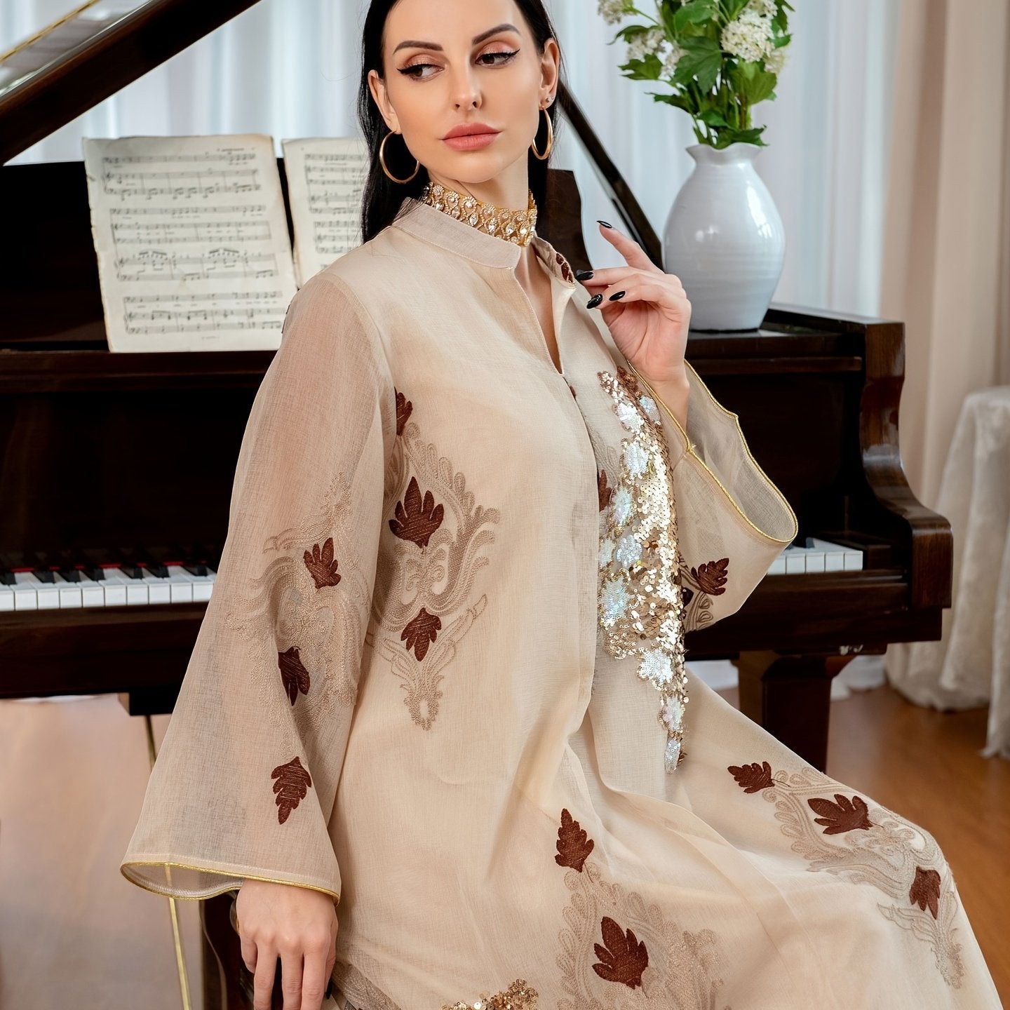 Ramadan Contrast Sequin Maxi Kaftan Dress, /MH