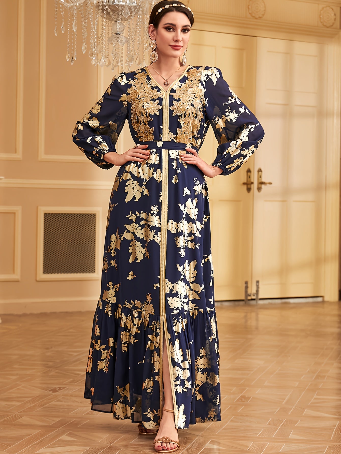 Bronzing V-neck Kaftan Dress, Elegant Long Sleeve 'MH