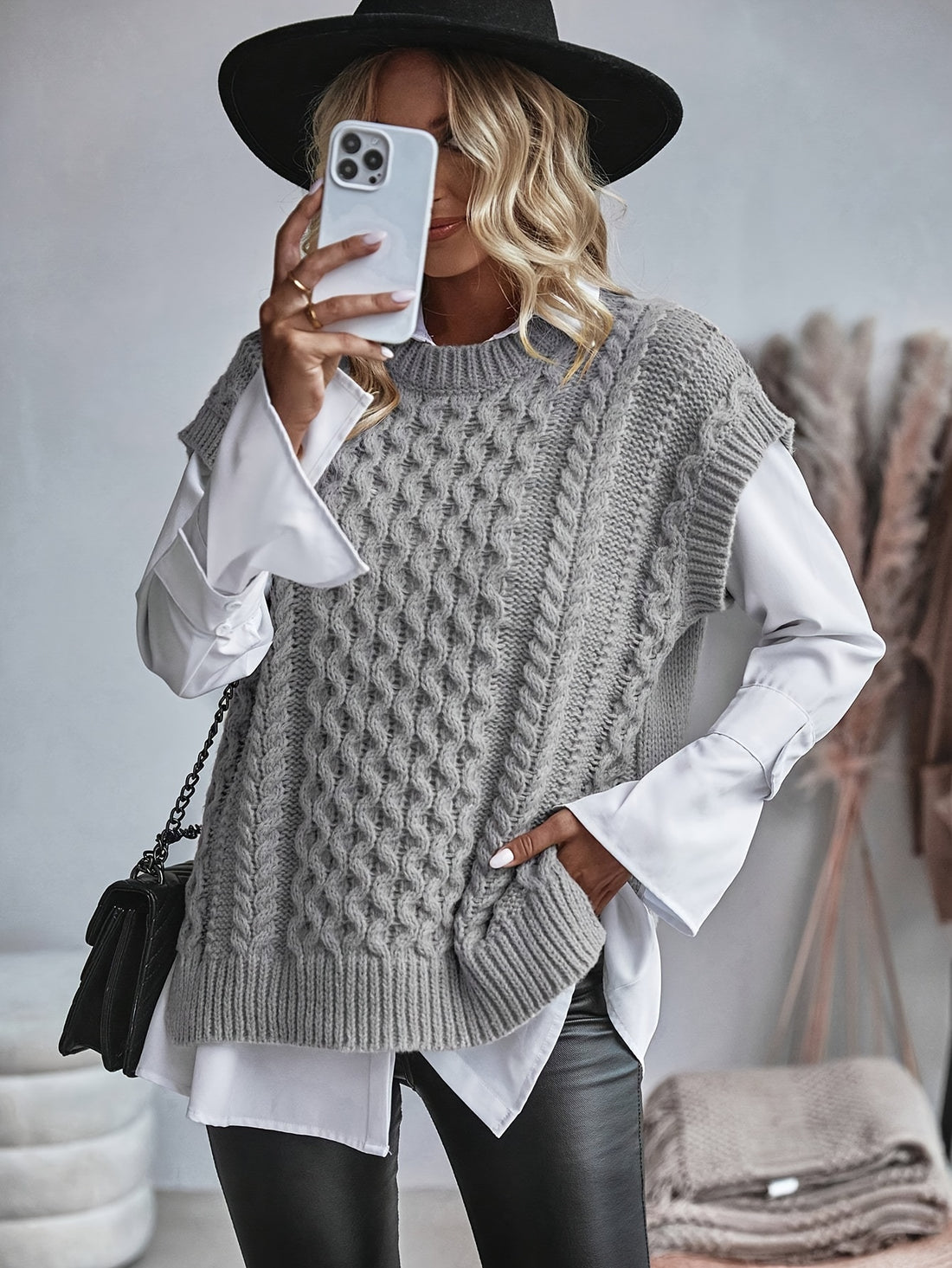 Casual Knitted Vest Top, Round Neck Sweater Hooded Vest,