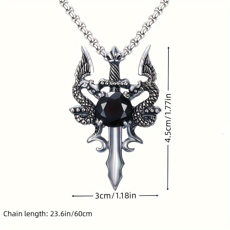 Gothic Knight Double Dragon Cross Sword Pendant Necklace .
