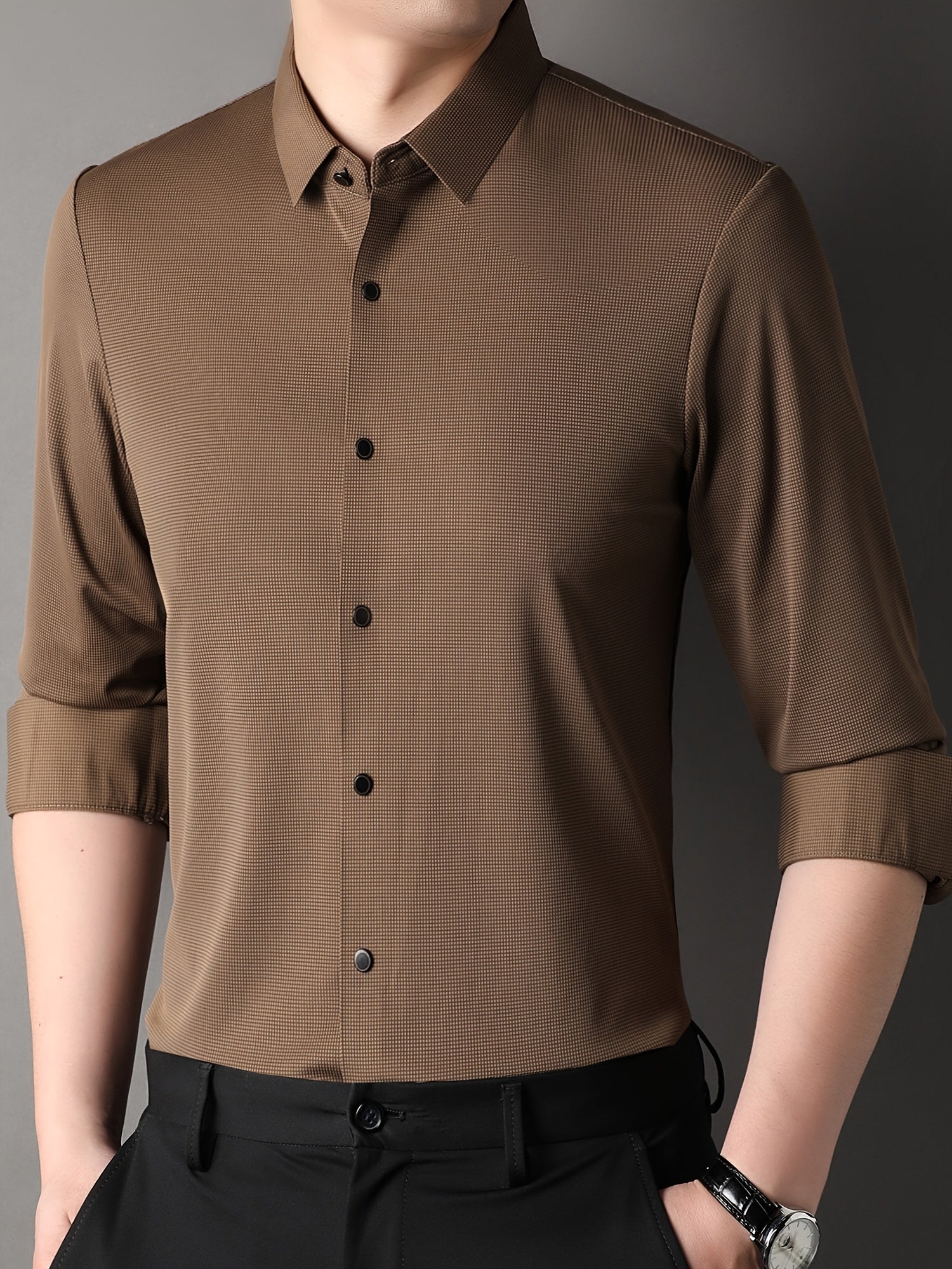 Men's Solid Lapel Collar Design Dress Shirts, Long Sleeve Casual Button.