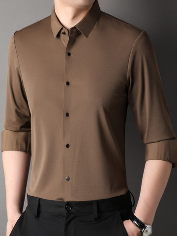 Men's Solid Lapel Collar Design Dress Shirts, Long Sleeve Casual Button.