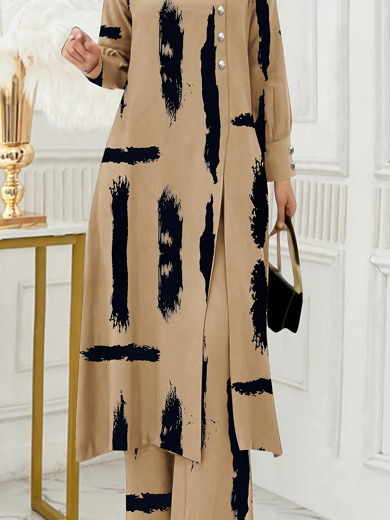 Solid Color Button Design Long Sleeve Top and Pants Set, Arabic Style,/MH