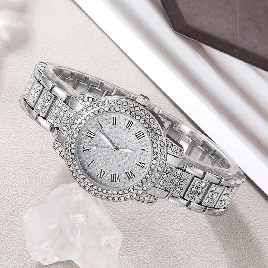 Luxury Rhinestone Quartz Watch Hiphop Fashion Analog Wrist Watch & 6pcs Jewelry Set, Gift For Women Her