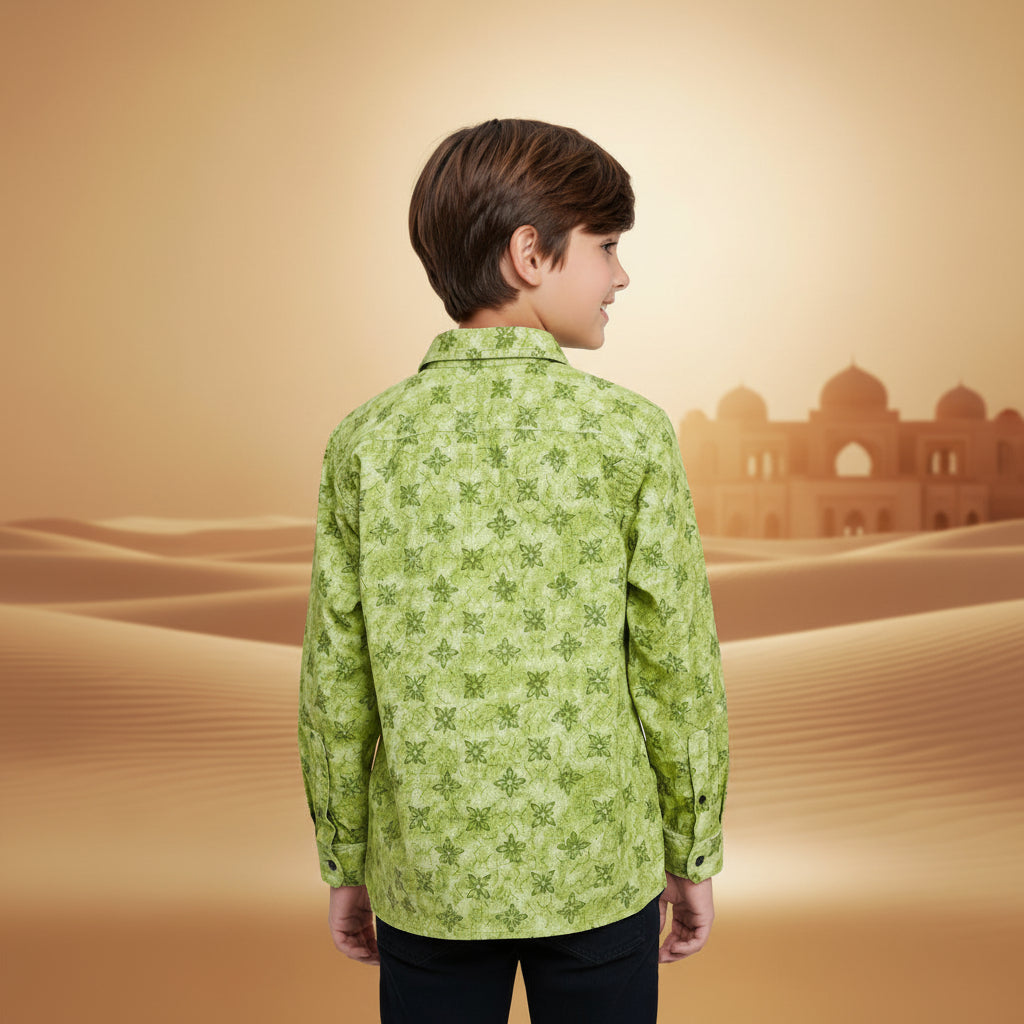 Boys' Lime Green Geometric Print Shirt – Textured Long Sleeve Casual Button-Down (2-12 Years) | MH